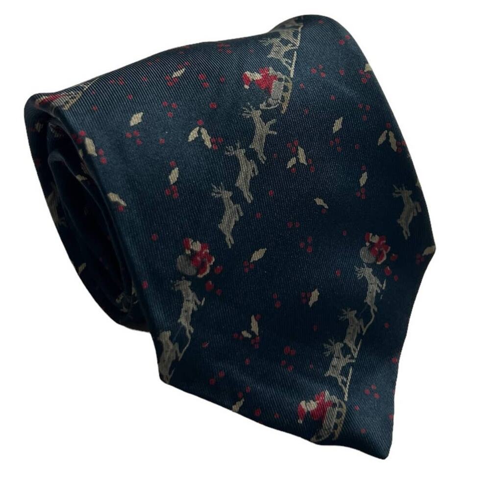 LDM Saks Fifth Vintage Navy 1985 Christmas Reindeer Santa Silk Neck Tie